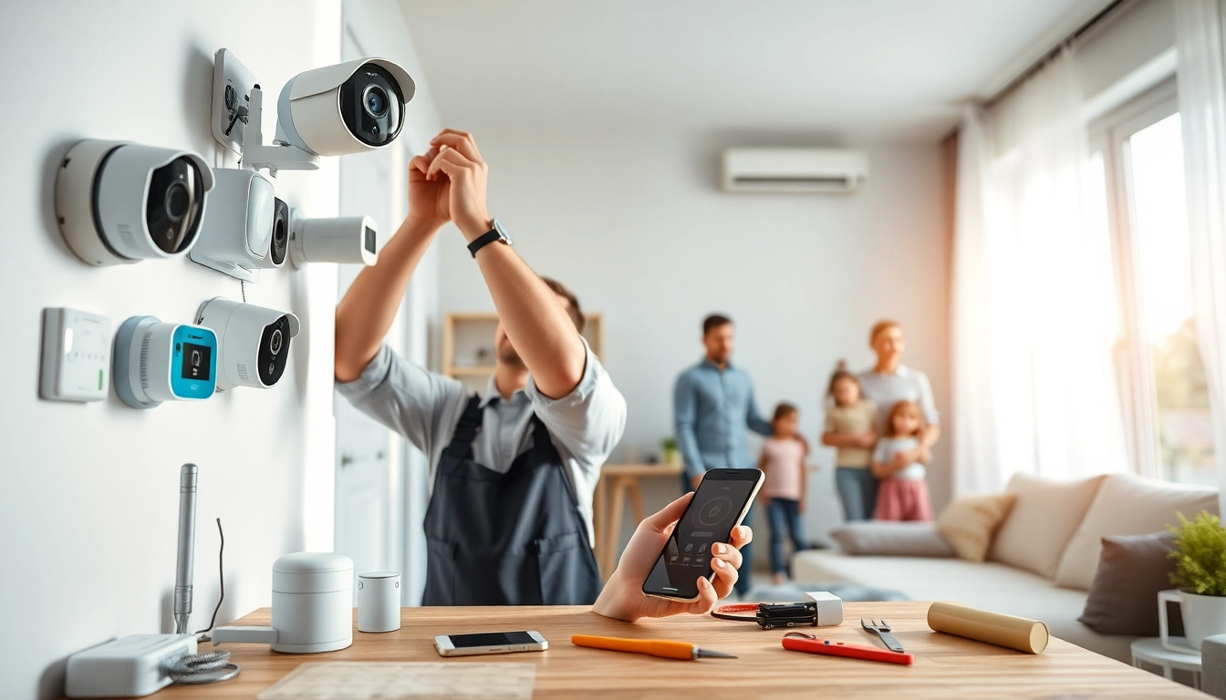 Escena de instalación de alarmas de seguridad avanzadas que muestra equipo moderno y un técnico trabajando.