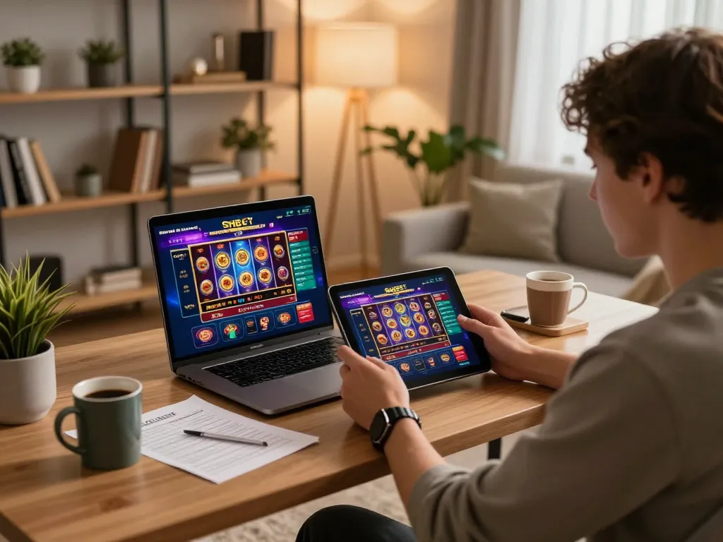 Engaging with SHBET's online casino on a tablet in a cozy home office setting, emphasizing responsible gaming.