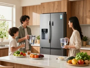 Waterdrop UKF8001 Refrigerator Water Filter 4 enhancing family's healthy water preparation in a modern kitchen.