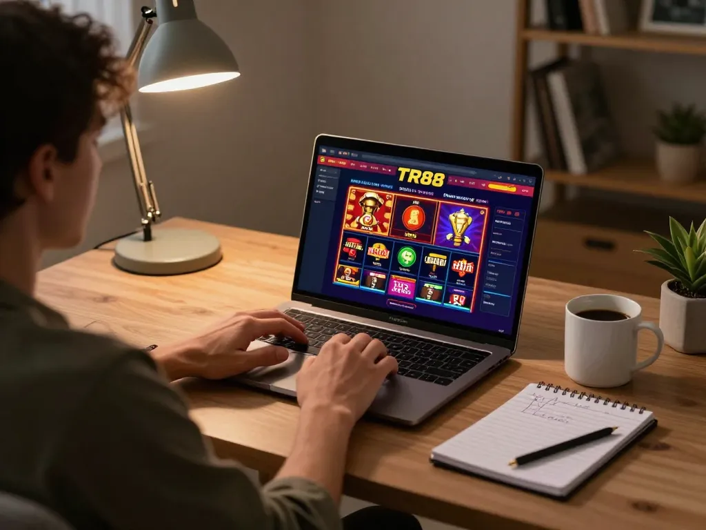 Engaging user experiencing online gambling with tr88 on a laptop at home, relaxed atmosphere.