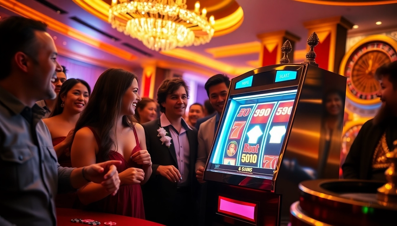 Perayaan kemenangan bonus slot di kasino mewah dengan pemain yang antusias dan mesin-mesin yang berwarna-warni