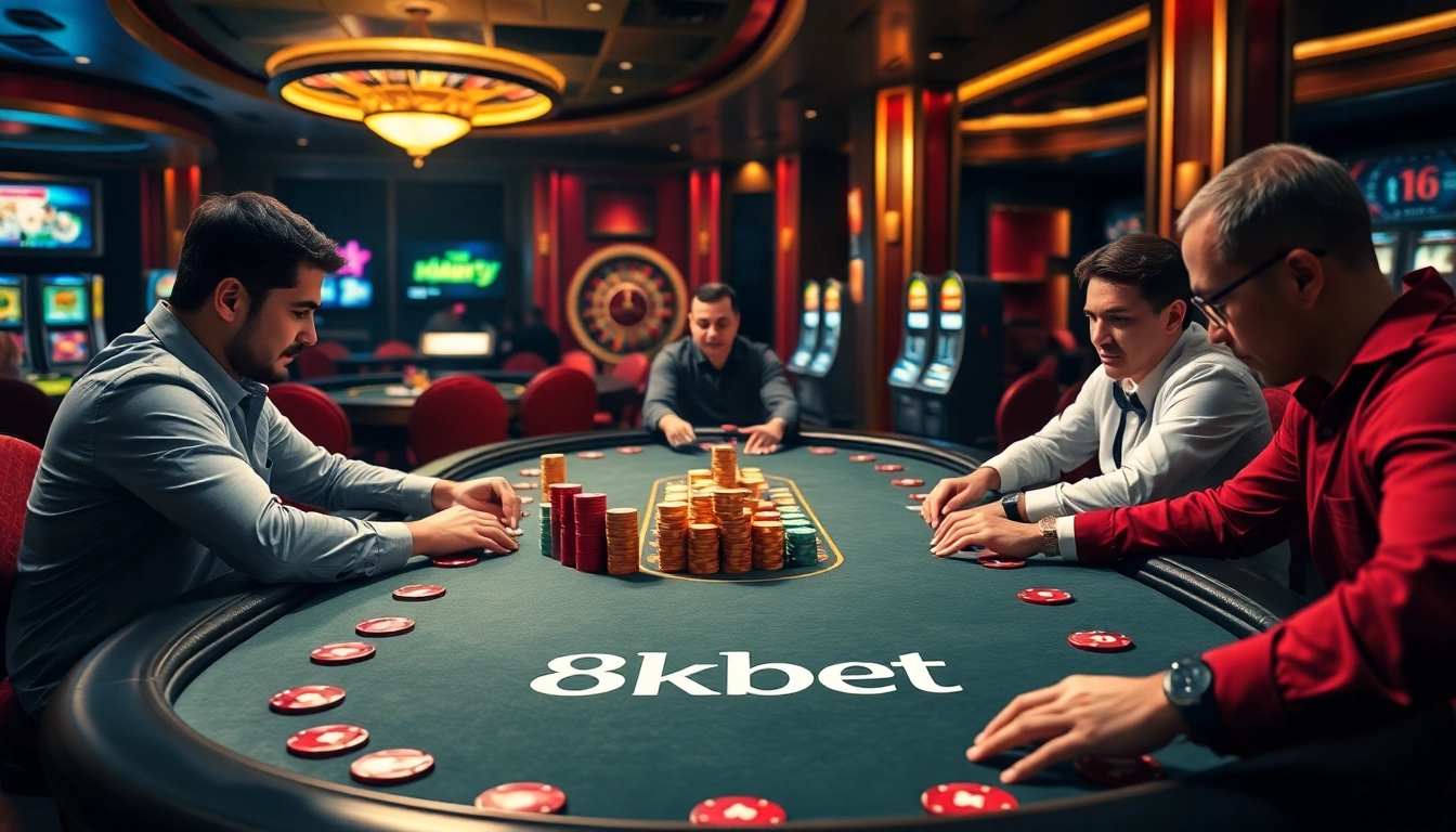 Exciting poker action at 8kbet casino table, showcasing vibrant chips and professional players.