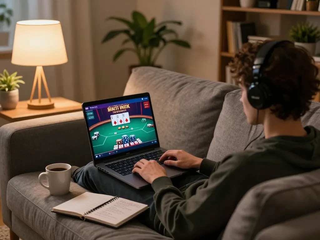ATQ player engaged in a strategic online casino poker game from home, showcasing vibrant interface and cozy atmosphere