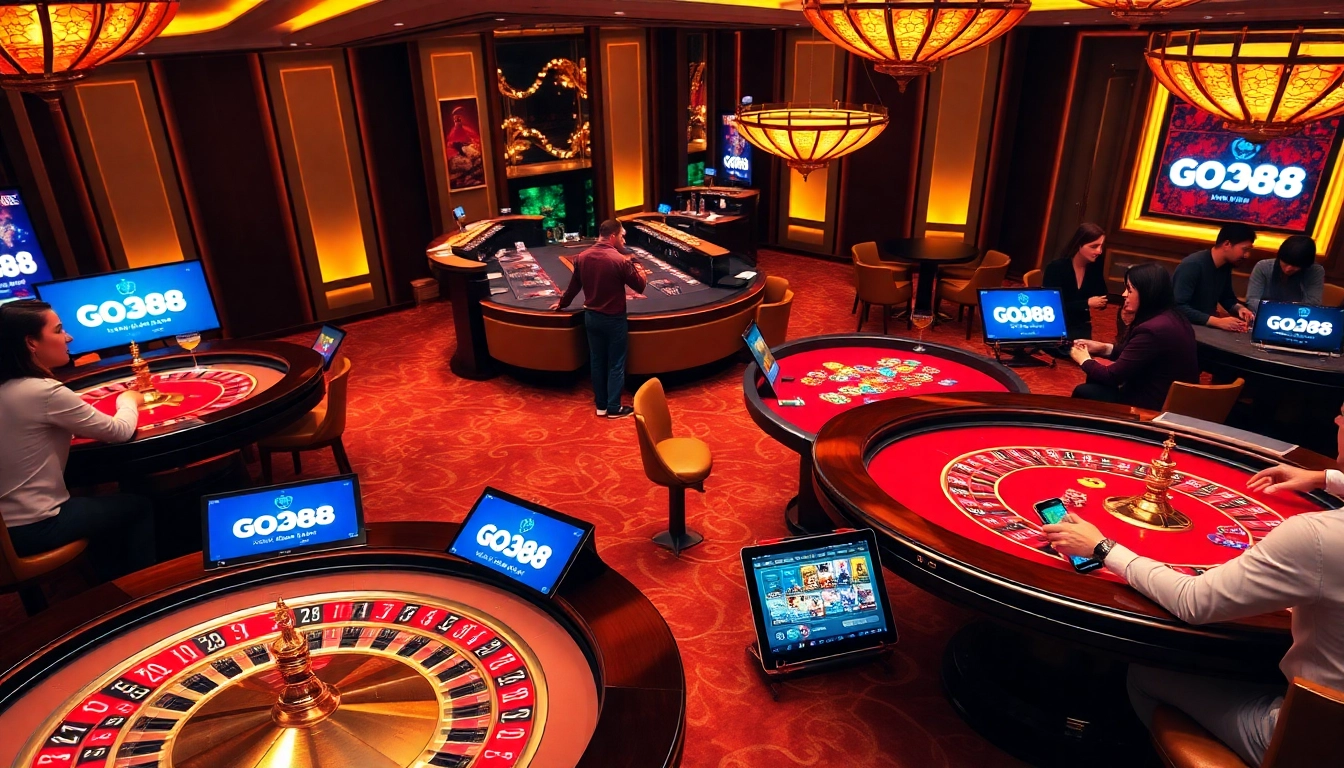 Thrilling gameplay at GO88 casino with players enjoying poker and roulette.