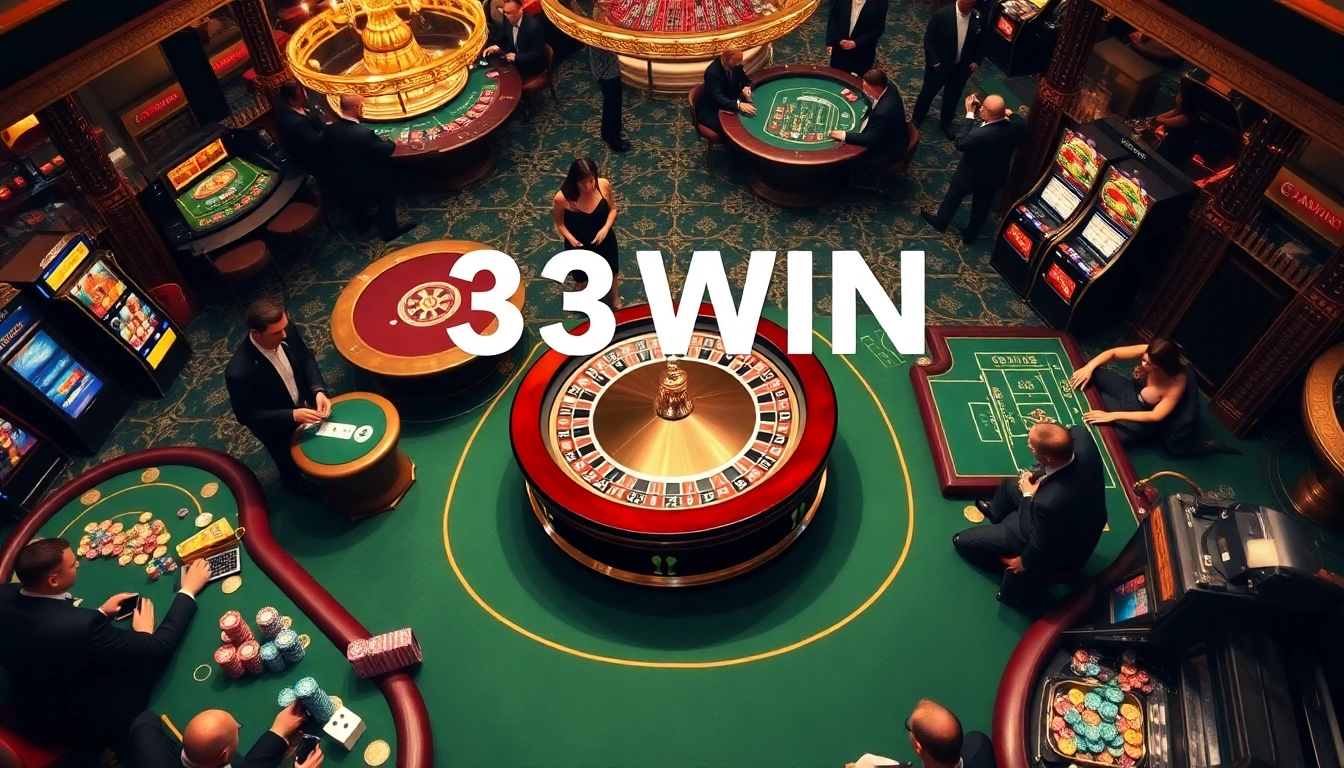Engaged players enjoying a lively game atmosphere at the 33WIN casino, showcasing poker, roulette, and slots.