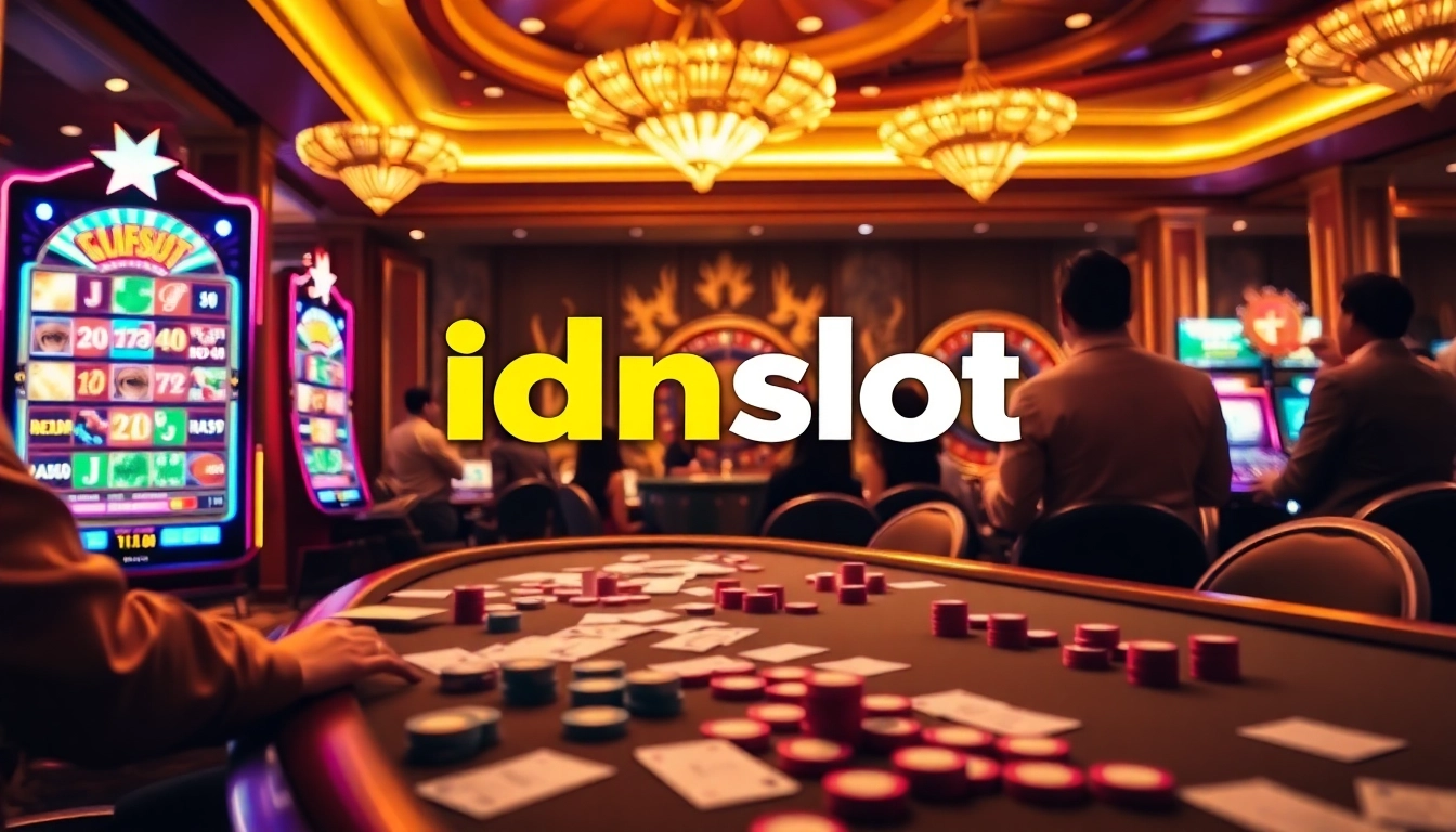 Engaging scene of players enjoying idnslot at a luxurious casino with vibrant slot machines.