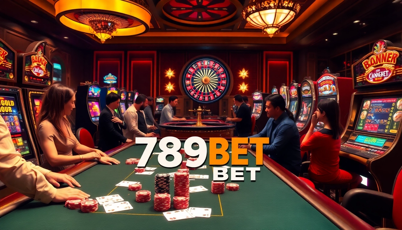 Gambling excitement at 789BET with a vibrant poker table and slot machines