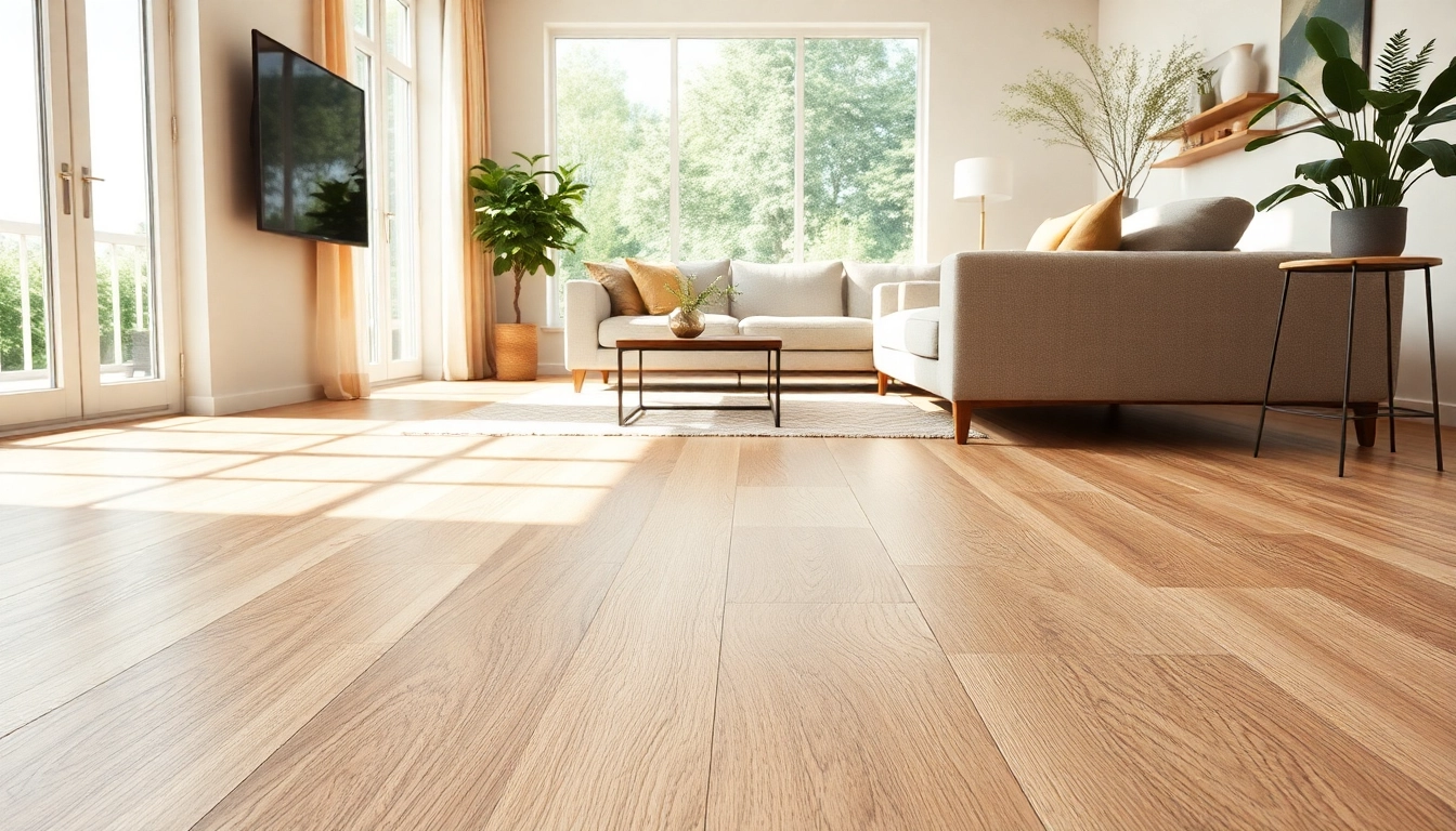 Showcasing elegant vinyl flooring in a modern living room with natural light and warm tones.