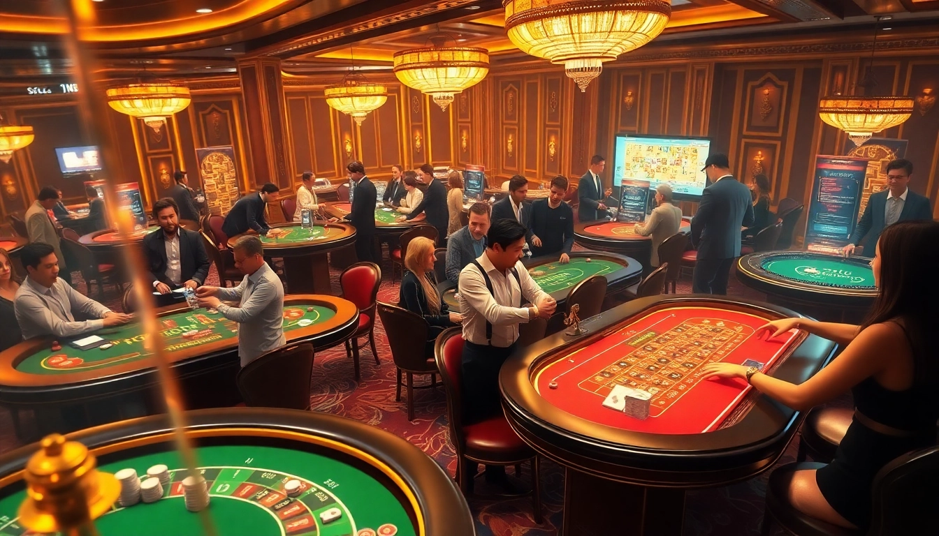 Xoilac offers an exciting casino environment featuring gaming tables, poker chips, and vibrant casino energy.