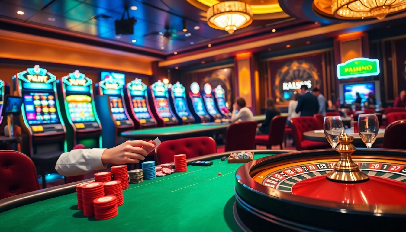 Engaging casino scene highlighting kp88 gaming with poker chips and slot machines.