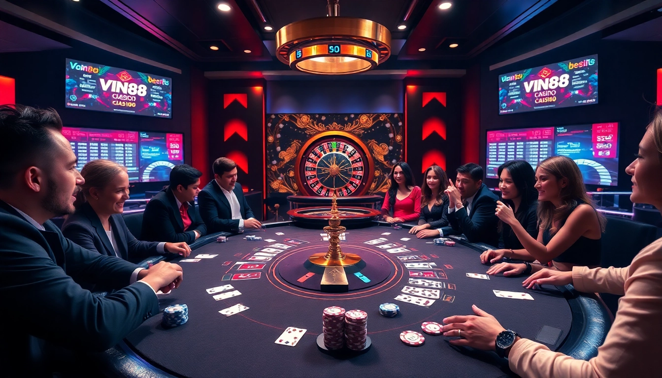Excited players engaging in high-stakes poker at VIN88's luxurious online casino.