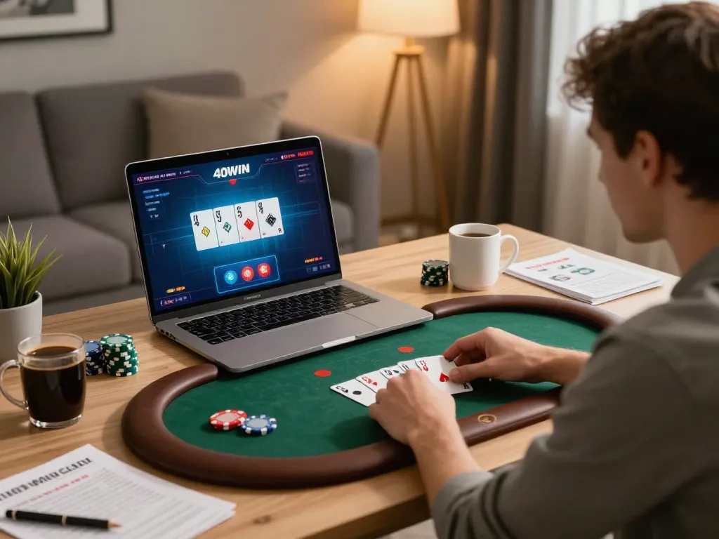 Player enjoying a thrilling poker game on the 40WIN platform in a cozy home setting.
