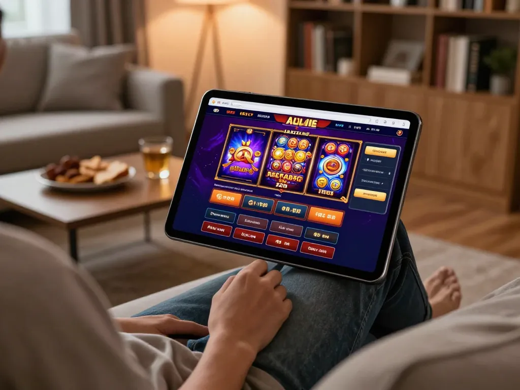 Engaging 22ff online casino experience on a tablet in a cozy home setting, showcasing vibrant games.