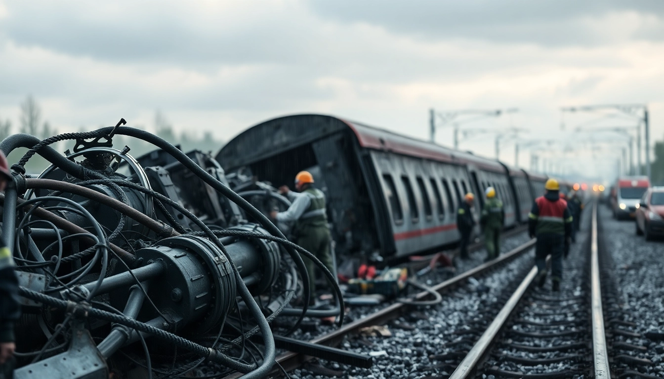 Rescue workers attend to victims of the spain train crash in a serious, moody setting.
