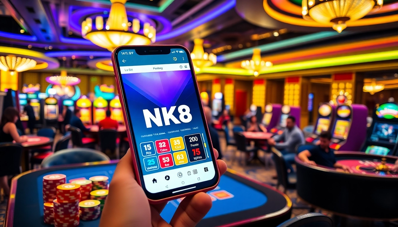 Players enjoying the NK88 app for real-money betting at a luxurious casino.