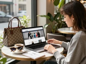 Browsing luxury 레플리카 items at a trendy café, showcasing modern fashion and lifestyle.