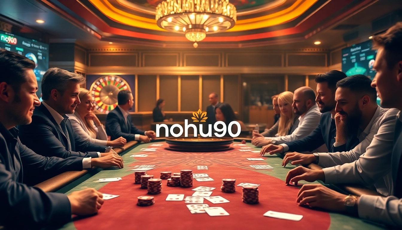 Engage in thrilling poker action at nohu90 casino, with vibrant chips and cards illuminating the exciting atmosphere.