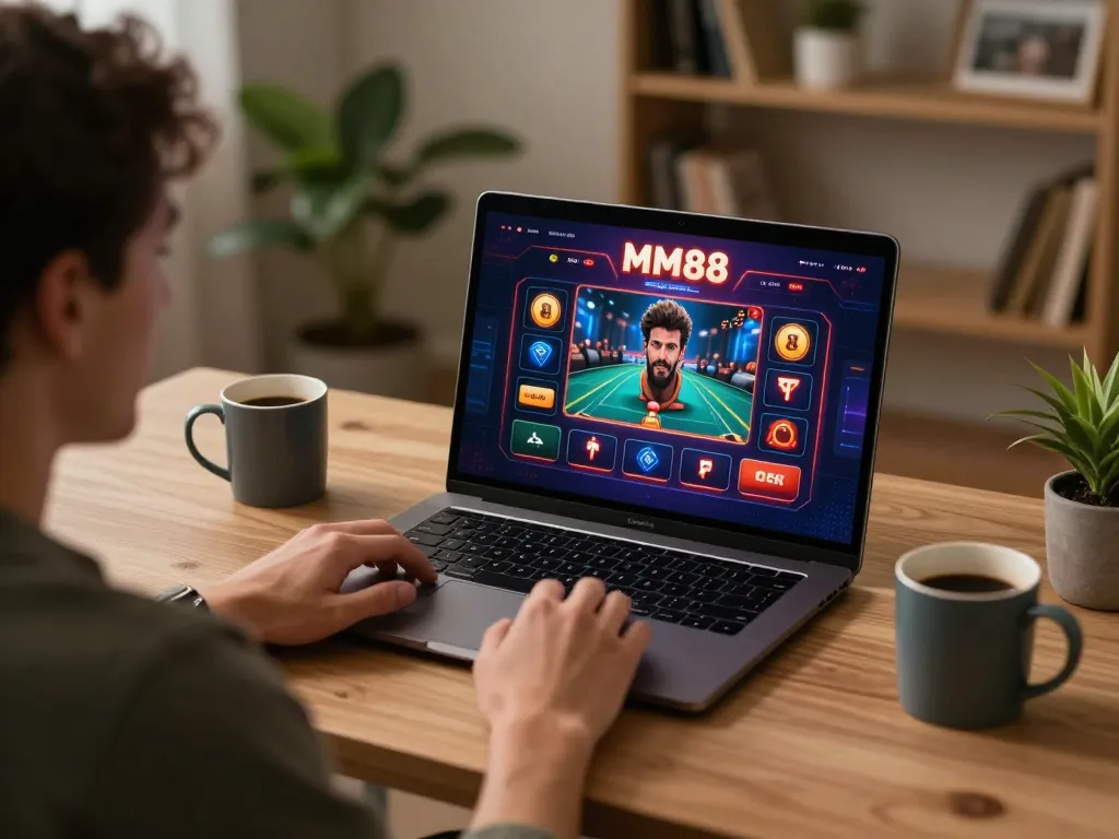 MM88 online gaming experience on laptop at home with player engaged in strategic gameplay.