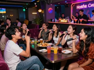 友人と共に賑やかなカラオケバーで楽しむホーチミンのカラオケおすすめ