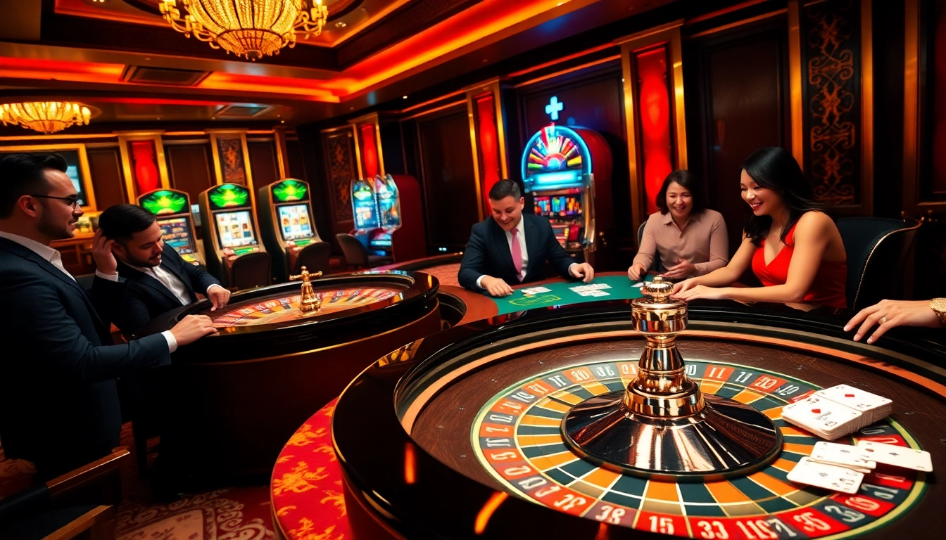 Players enjoying high-stakes action at GO8 casino tables with roulette wheels and poker chips.