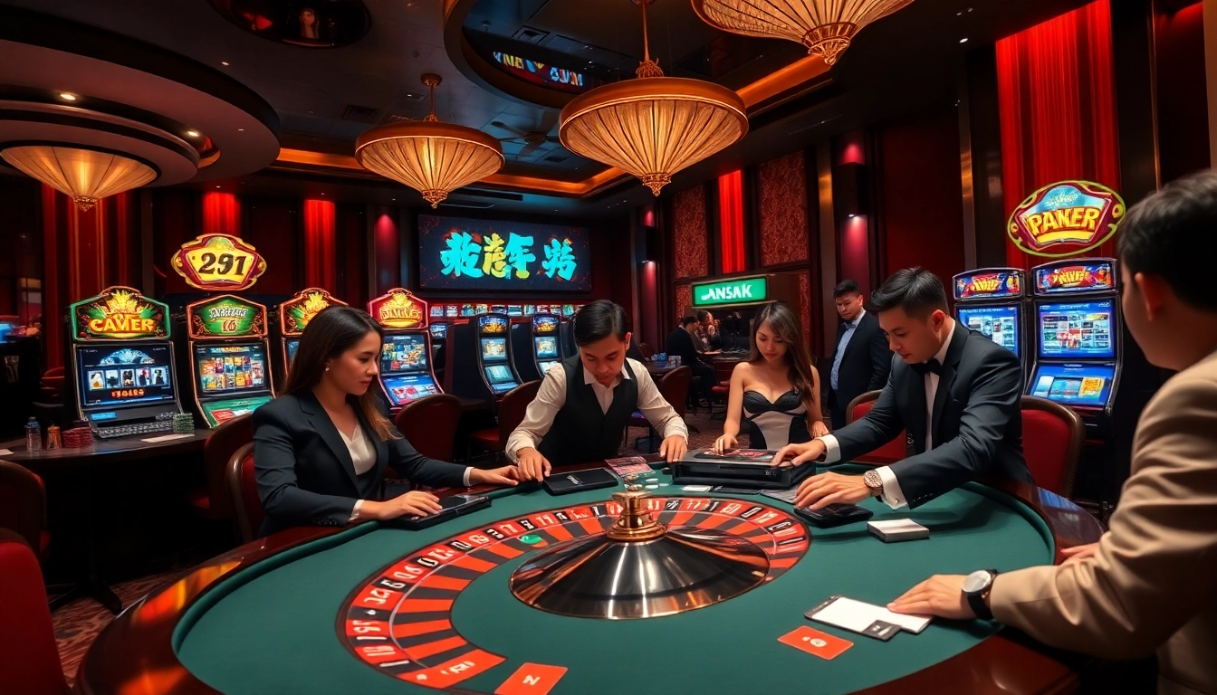 Engaged players enjoying high-stakes games at Nhà Cái 68VIP's luxurious casino, combining excitement and elegance.