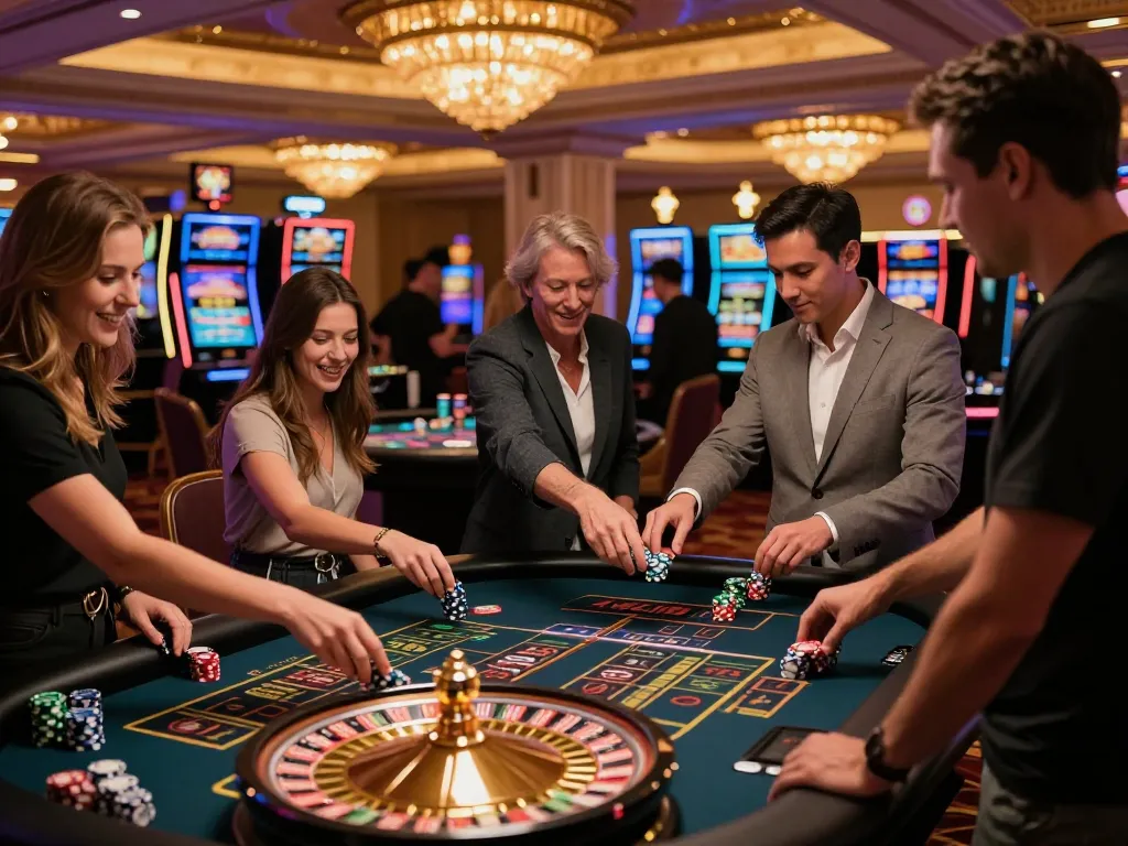 Players eagerly betting on roulette at a luxurious casino, highlighting the rr88com gaming experience.