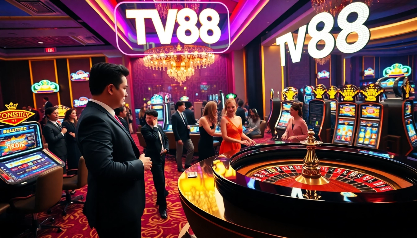 Players engage at a luxurious roulette table in a vibrant casino setting, showcasing TV88 excitement and elegance.