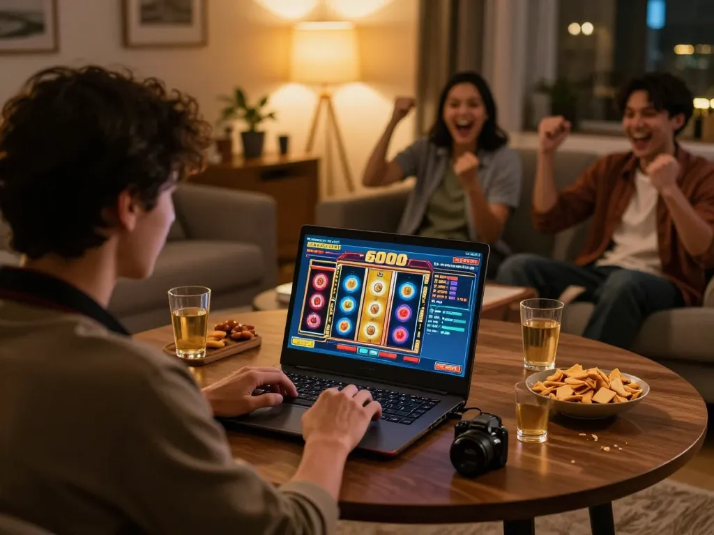 Engaging home gaming night featuring slot6000 on laptop with festive atmosphere.