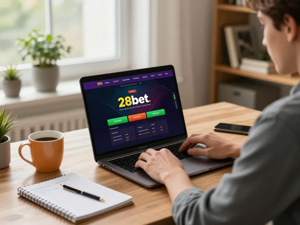 Player strategizing on 28bet home setup with laptop and betting notes.