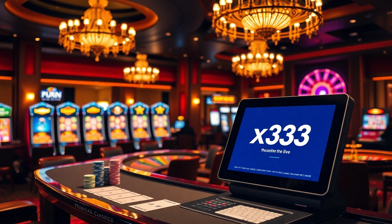 Player engaging with x333 betting terminal while stacking poker chips at luxury casino table