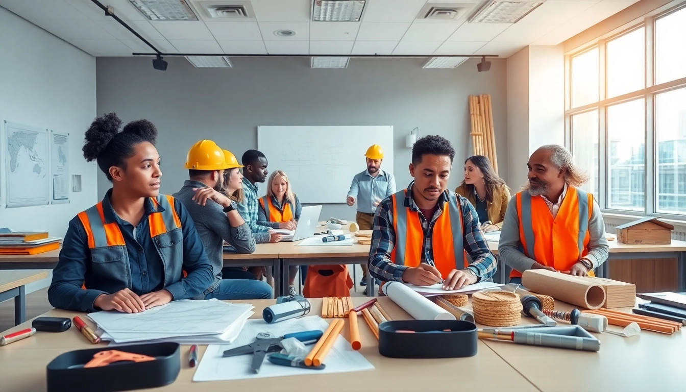 Participants in a construction training session using tools and materials to enhance learning experience.