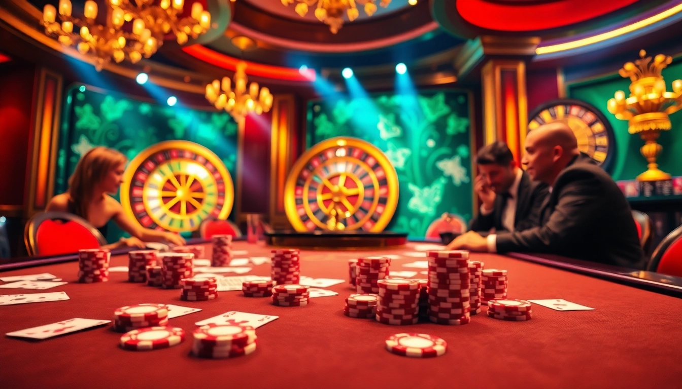 Players enjoying high-stakes poker at a vibrant casino table, embodying LUCK8 excitement.