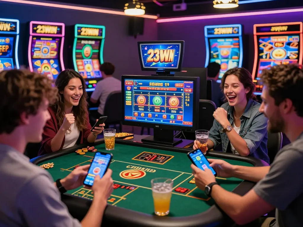 Friends celebrating while playing games at 23win online casino, showcasing vibrant gaming experience.