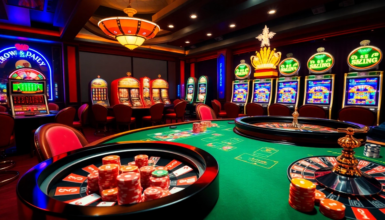 Exciting casino scene featuring vibrant gaming tables and slot machines at 33win.