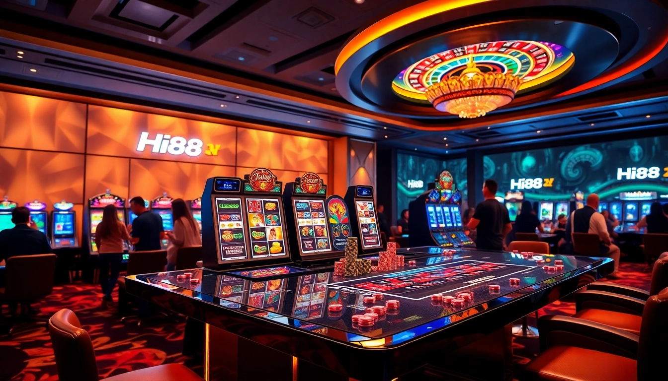 Exciting gaming scene at Hi88 casino with vibrant tables and colorful poker chips.