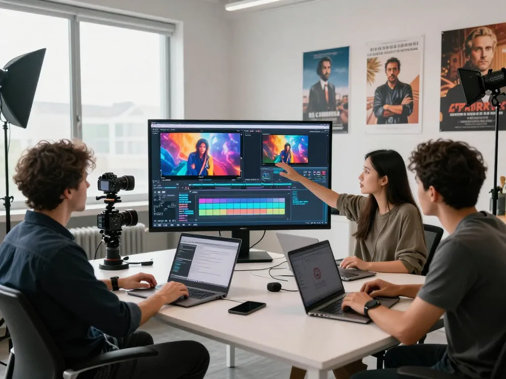 Diverse team in a video editing studio using video to prompt ai to analyze footage and create compelling video prompts.