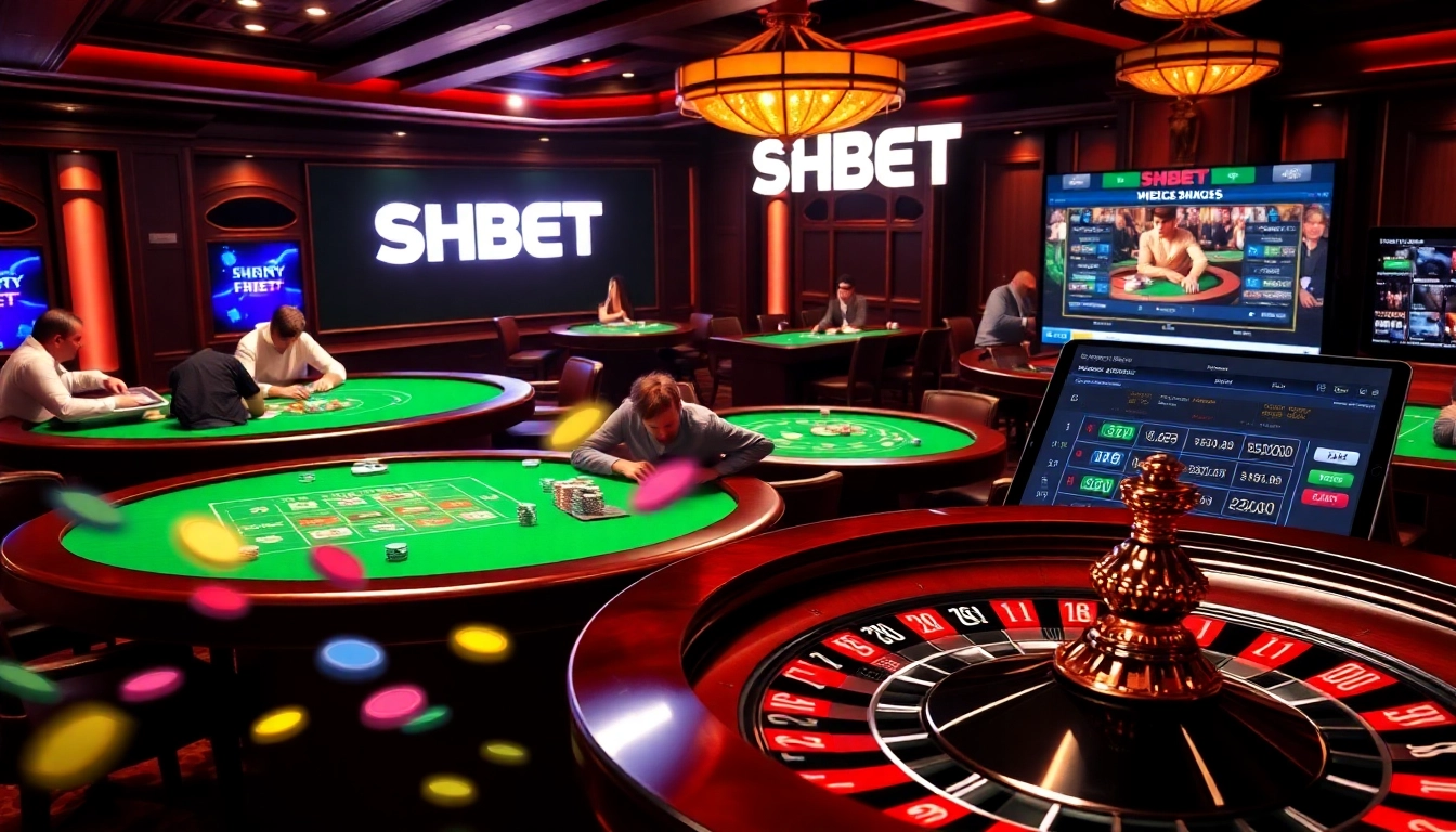 SHBET casino scene showcasing vibrant poker tables and live betting excitement
