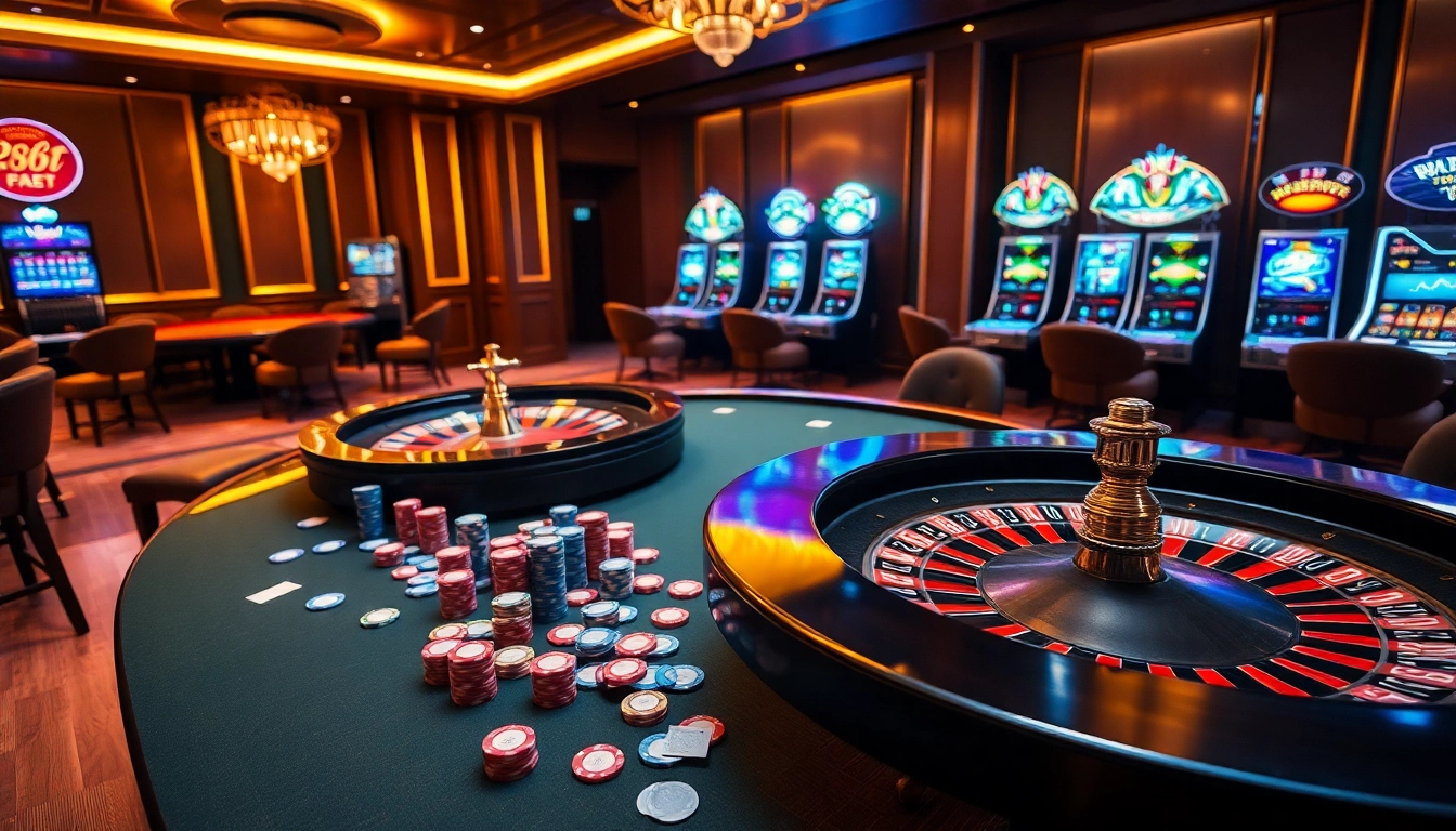 Exciting poker table featuring 28bet chips and cards in a luxurious casino setting.