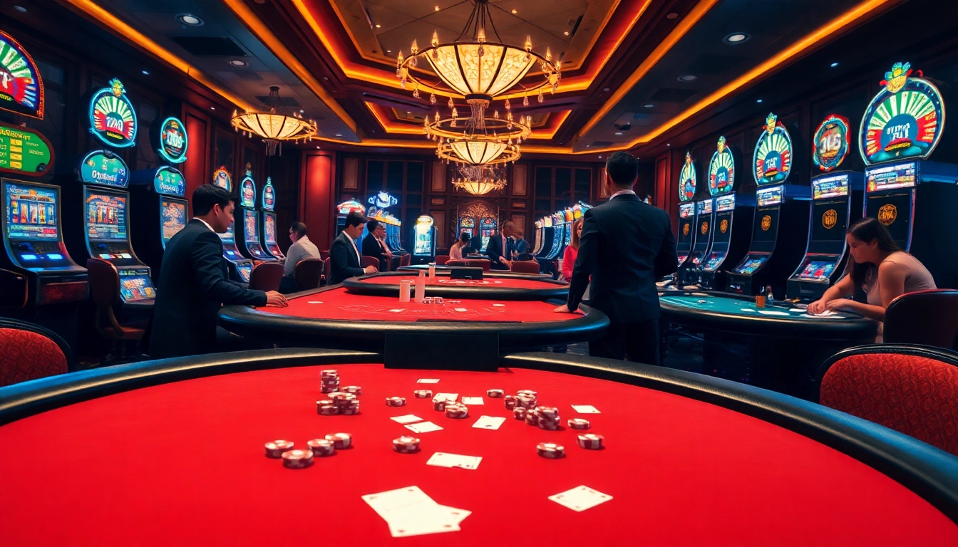 Players enjoying thrilling moments at okwin casino with vibrant slot machines and poker tables.