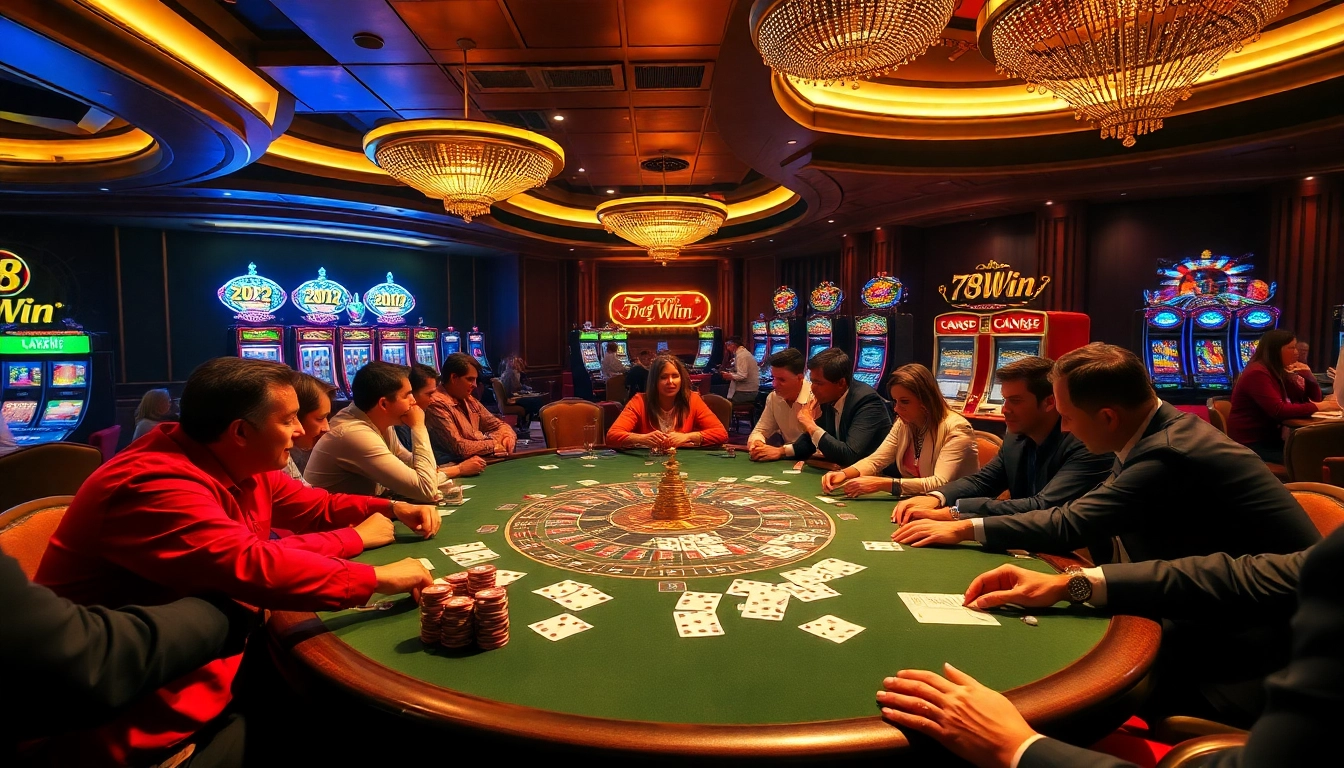 Experience the excitement of 78Win with dynamic poker action at a vibrant casino table.
