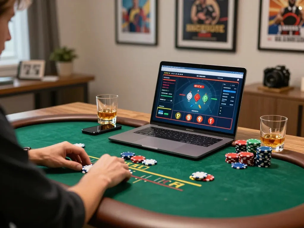 Player engaging in online gambling while enjoying a whiskey, showcasing max79 casino strategies.