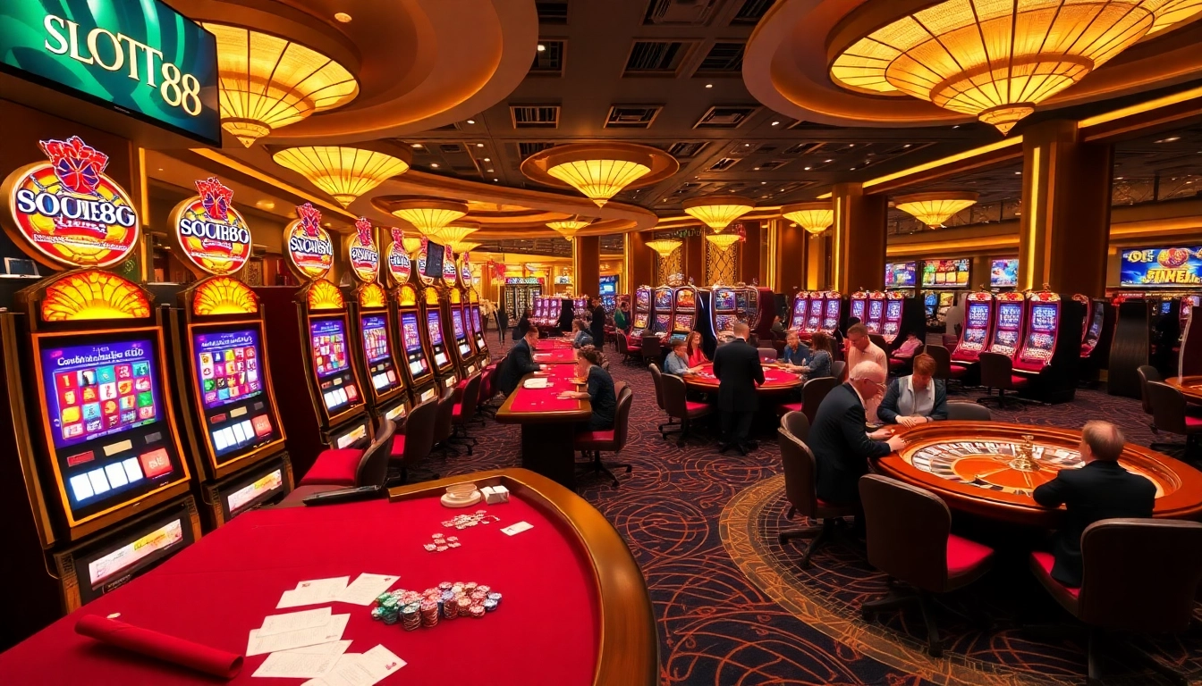 Players enjoying SLOT88 with vibrant slot machines in a luxurious casino setting