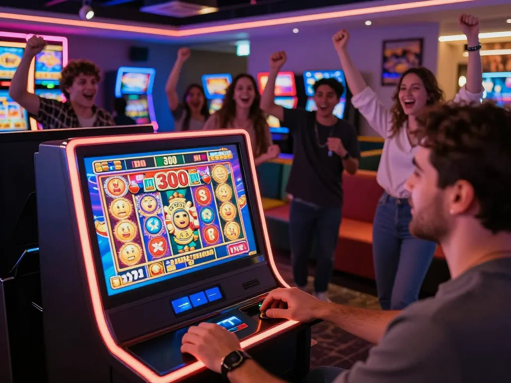 Excited player making a slot bet 300 in a lively casino atmosphere, showcasing vibrant gaming screens and neon lights.