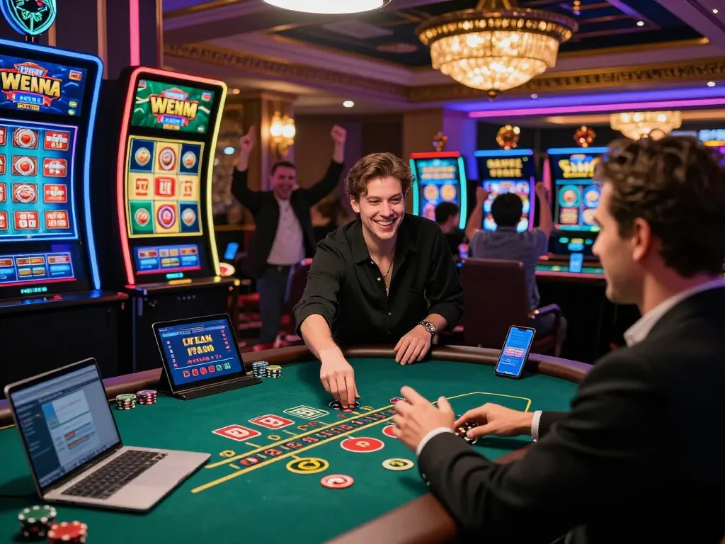 Exciting TK88 online casino player at a live baccarat table with engaging dealer and vibrant gaming environment.