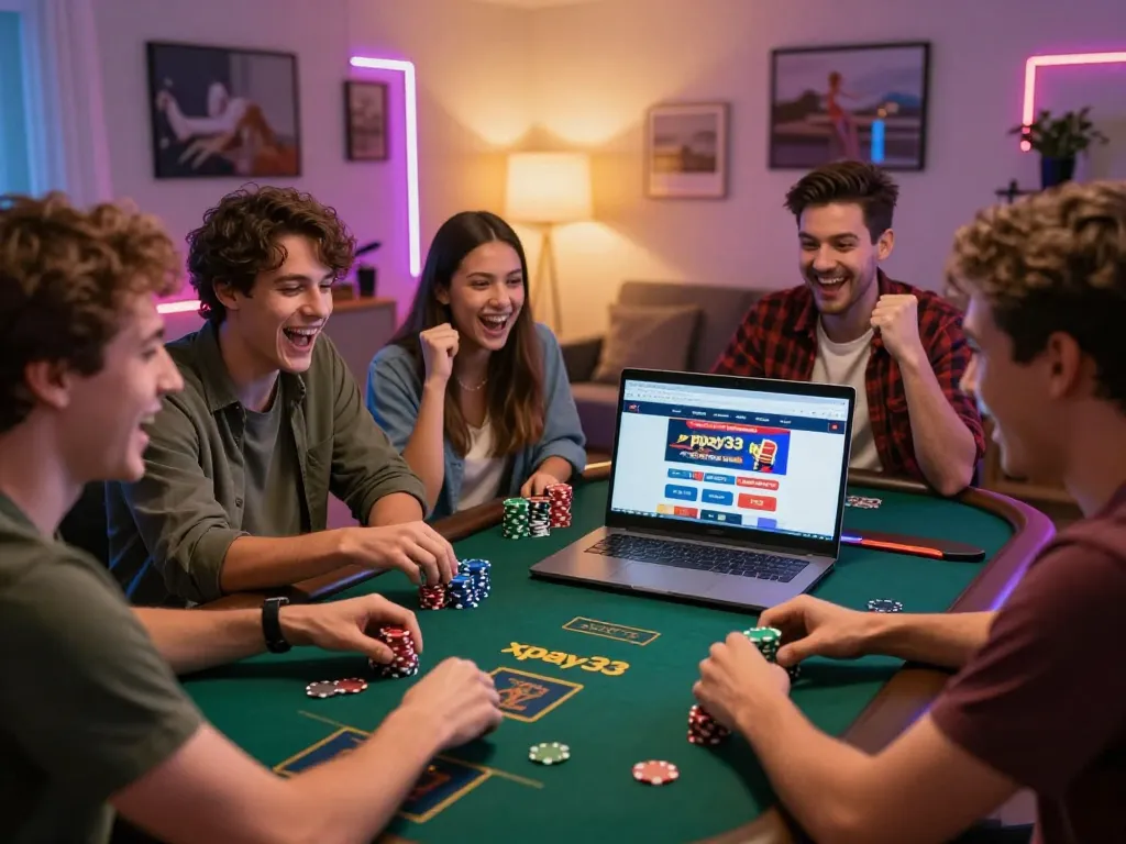 xpay33 promotion capturing friends excitedly celebrating during an online casino game.