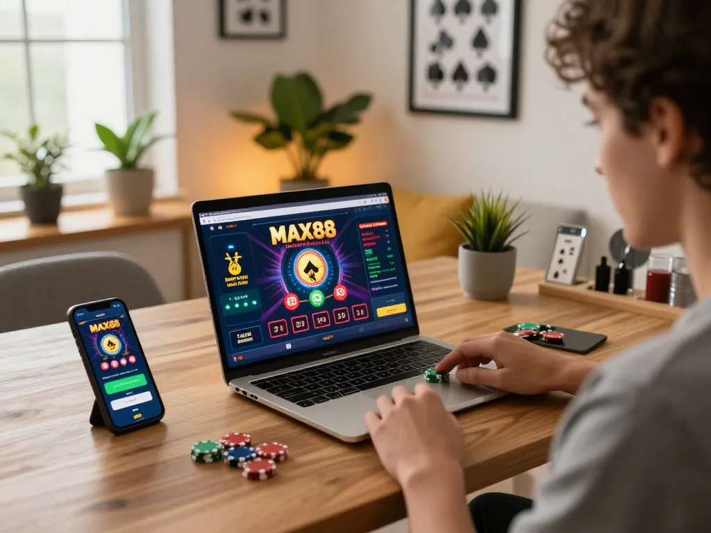 Engaging in an online casino game at MAX88 from the comfort of home, showcasing the excitement of digital gaming.