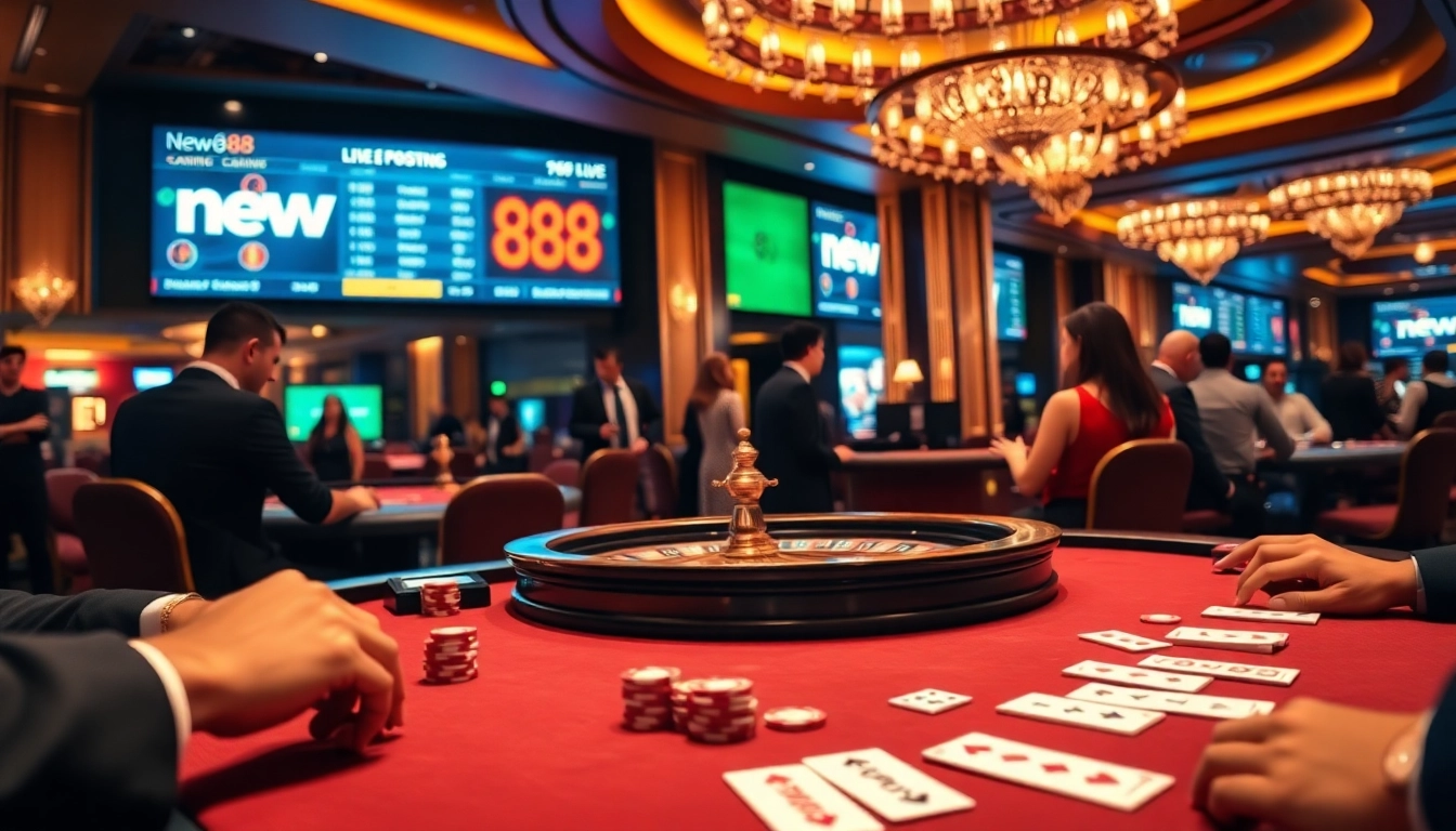Experience the excitement of gambling at new88 with a vibrant casino scene including poker tables and roulette.