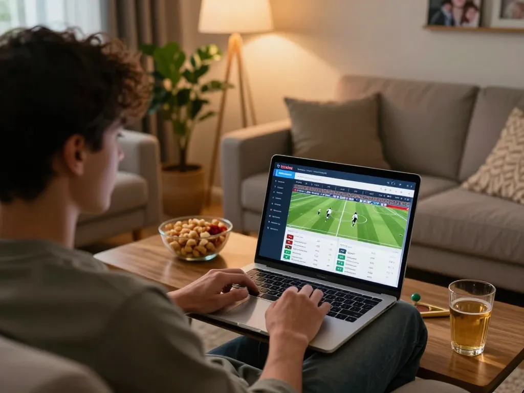 Socolive sports betting experience with live updates displayed on laptop and cozy atmosphere.