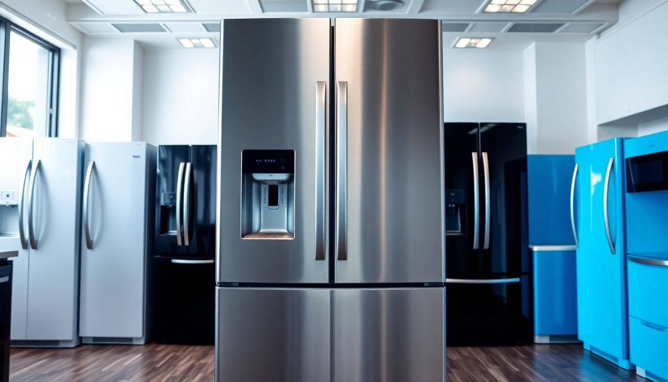 Showcasing diverse refrigerator sales in a modern kitchen showroom with premium finishes.