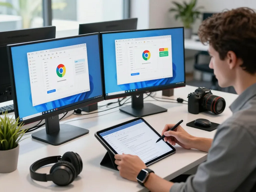 用户在现代工作空间中在多个屏幕上体验谷歌浏览器的流畅界面